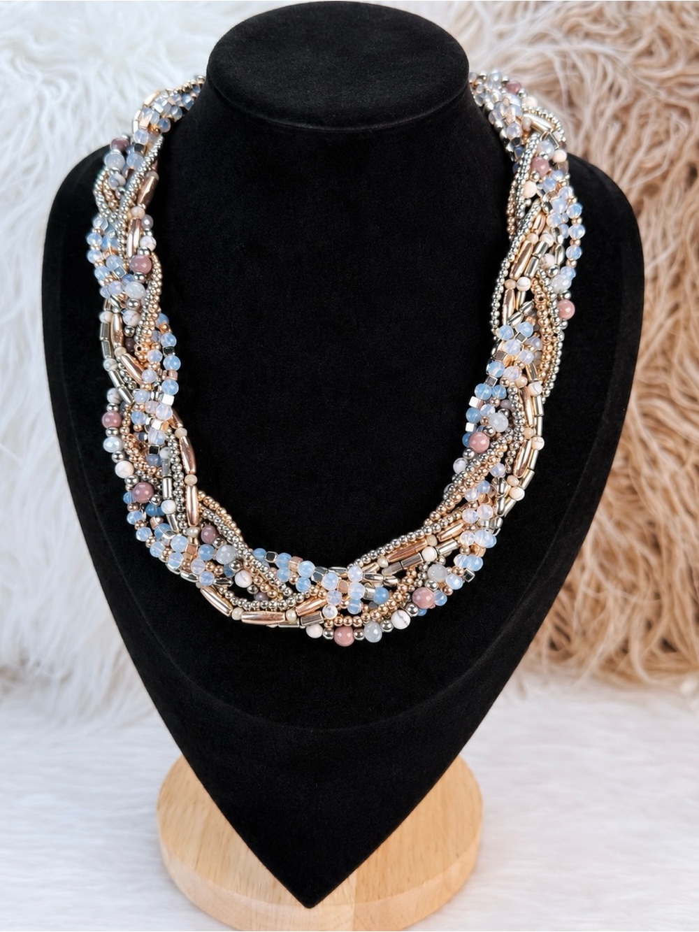 Elegant goldtone Silvertone braided Beaded Necklace